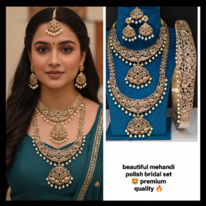 Royal Mehendi Polish Bridal Jewellery Set with Peacock CZ Work & Pearl Drops