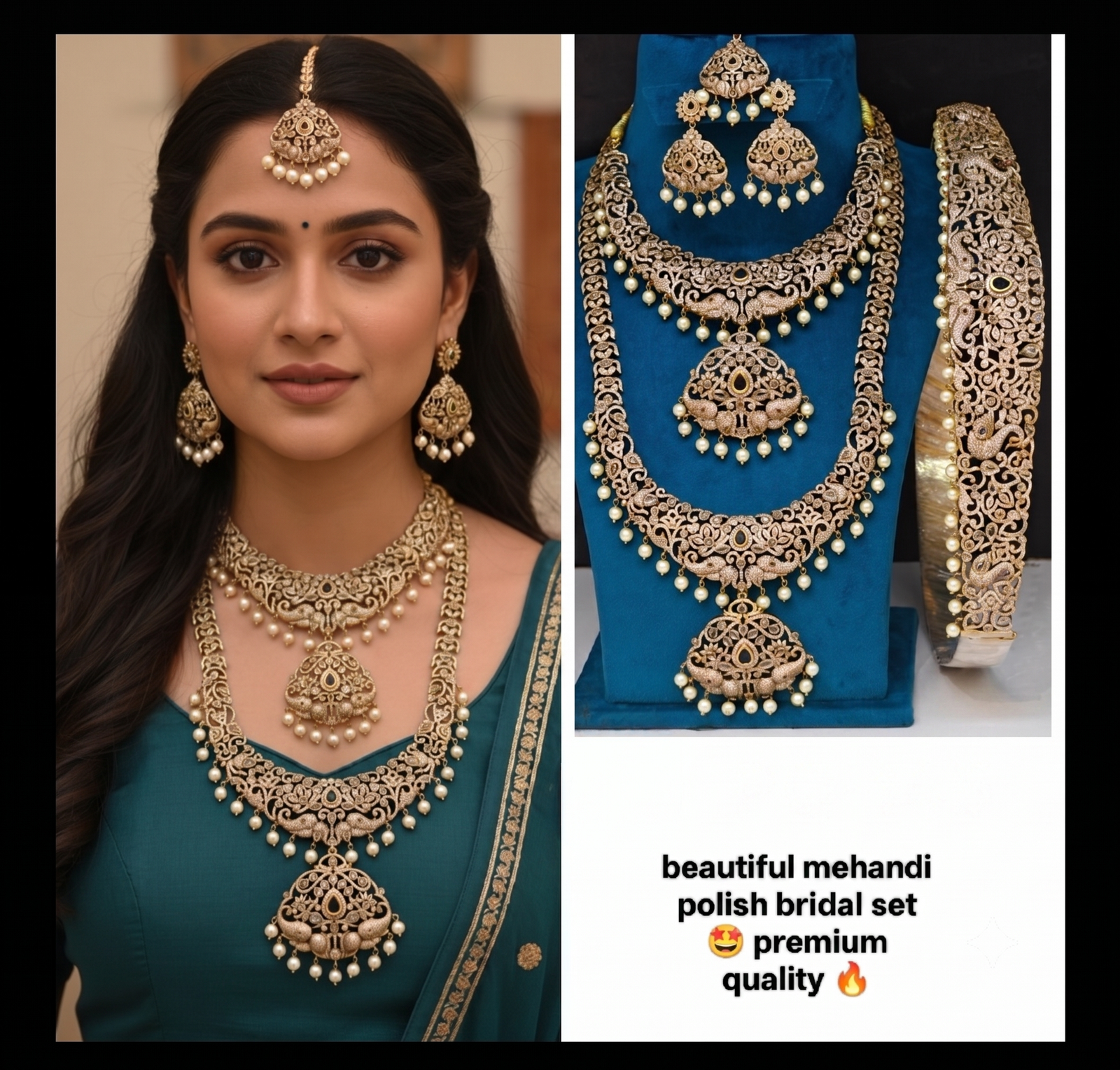 Royal Mehendi Polish Bridal Jewellery Set with Peacock CZ Work & Pearl Drops
