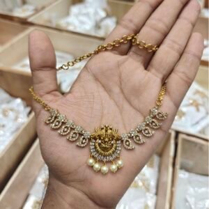 Delicate Antique Gold Temple Lakshmi CZ Short Necklace with Mango Leaf Links & Pearl Drops