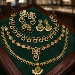 Contemporary Gold Plated Cubic Zirconia Emerald & Ruby Jewellery Collection Set (Square Geometric Choker, Floral Vine Necklace & Emerald Pearl Haram Set)