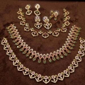 Modern Gold Plated CZ Ruby & Emerald Geometric Floral Jewellery Collection Set (Chokers, Short Necklaces & Matching Earrings)