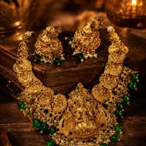 Grand Antique Gold Temple Goddess Lakshmi Heavy Choker Set with Emerald Green Glass Beads & Pearl Drops