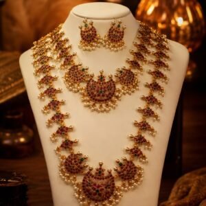 Traditional Antique Gold Kemp Ruby & Emerald Crescent Temple Jewellery Bridal Combo Set (Short Necklace, Long Haram & Earrings)