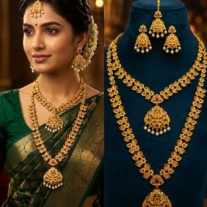 Regal Antique Gold Matte Temple Jewellery Bridal Combo Set with Floral Motif Chains, Goddess Lakshmi Pendants & Pearl Drops