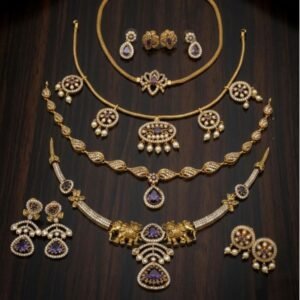 Luxury Antique Gold & Cubic Zirconia Amethyst Purple Bridal Jewellery Collection Set (Chokers, Necklaces, Elephant Pendant & Matching Earrings)