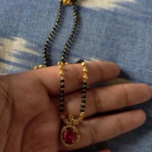 Elegant Gold Plated Short Black Beads Mangalsutra with Oval Ruby Red CZ Pendant