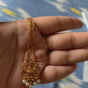 Antique Gold Finish Goddess Lakshmi Pendant Short Chain with Pearl Drops