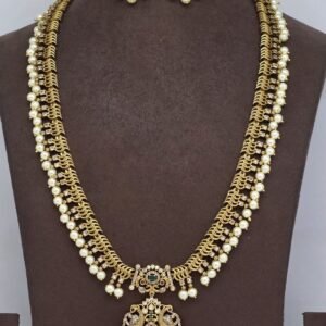 ​Elegant Antique Gold Temple Lakshmi Long Haram Set with Intricate Mesh Chain, CZ Stones & Pearl Drops (Haram & Earrings Set)