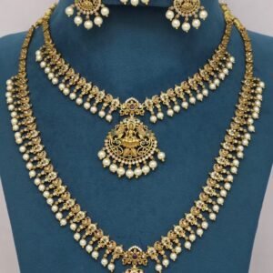 Exquisite Antique Gold Temple Jewellery Bridal Combo Set with Goddess Lakshmi Medallions & Pearl Drop Trim (Necklace, Haram, Earrings & Maang Tikka)