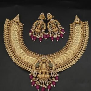 Grand Antique Gold Temple Lakshmi Kasu Mala Choker Set with Ruby Beads & Matching Drop Earrings
