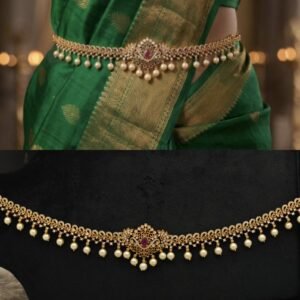 Antique Gold CZ & Pearl Bridal Vaddanam | Slim Temple Saree Waist Belt / Kamarbandh