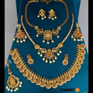 Traditional Gold-Plated Lakshmi & Temple Bridal Jewellery Set | Complete Grand Combo (Necklaces, Earrings & Maang Tikka)