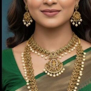 Antique Gold Finish Temple Jewellery Bridal Set | Lakshmi Motif Necklace, Haram, Earrings & Maang Tikka Combo