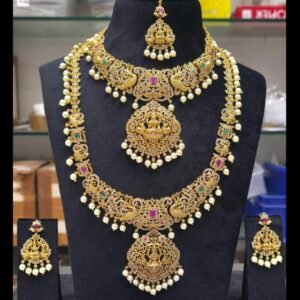 Royal Antique Gold CZ-Studded Temple Jewellery Bridal Set | Heavy Lakshmi & Peacock Choker, Haram, Earrings & Maang Tikka Combo