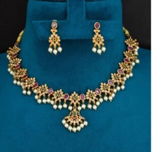 Traditional Ruby and Emerald Floral Short Necklace Set
