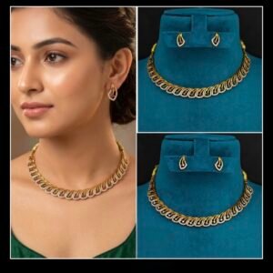 Designer Feather-Pattern CZ Short Choker Necklace Set