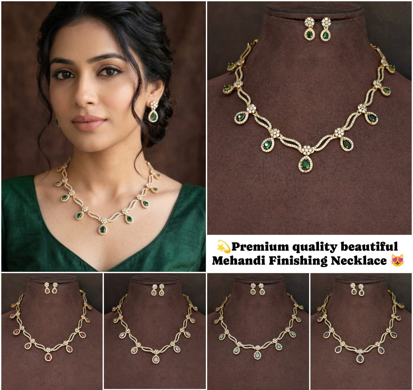 Premium Quality Mehandi Finishing Stone Short Necklace Set