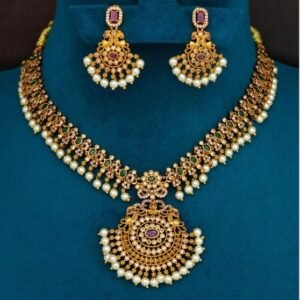 Traditional Temple Floral CZ and Ruby Short Necklace Set