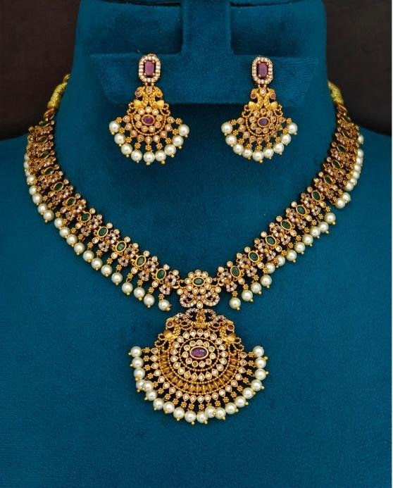 Traditional Temple Floral CZ and Ruby Short Necklace Set