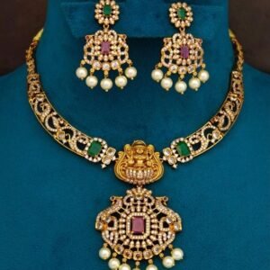 Traditional Goddess Lakshmi and Peacock Short Necklace Set