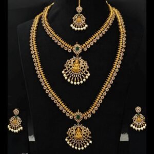 Traditional Goddess Lakshmi Bridal Combo Haram, Short Necklace & Maang Tikka Set