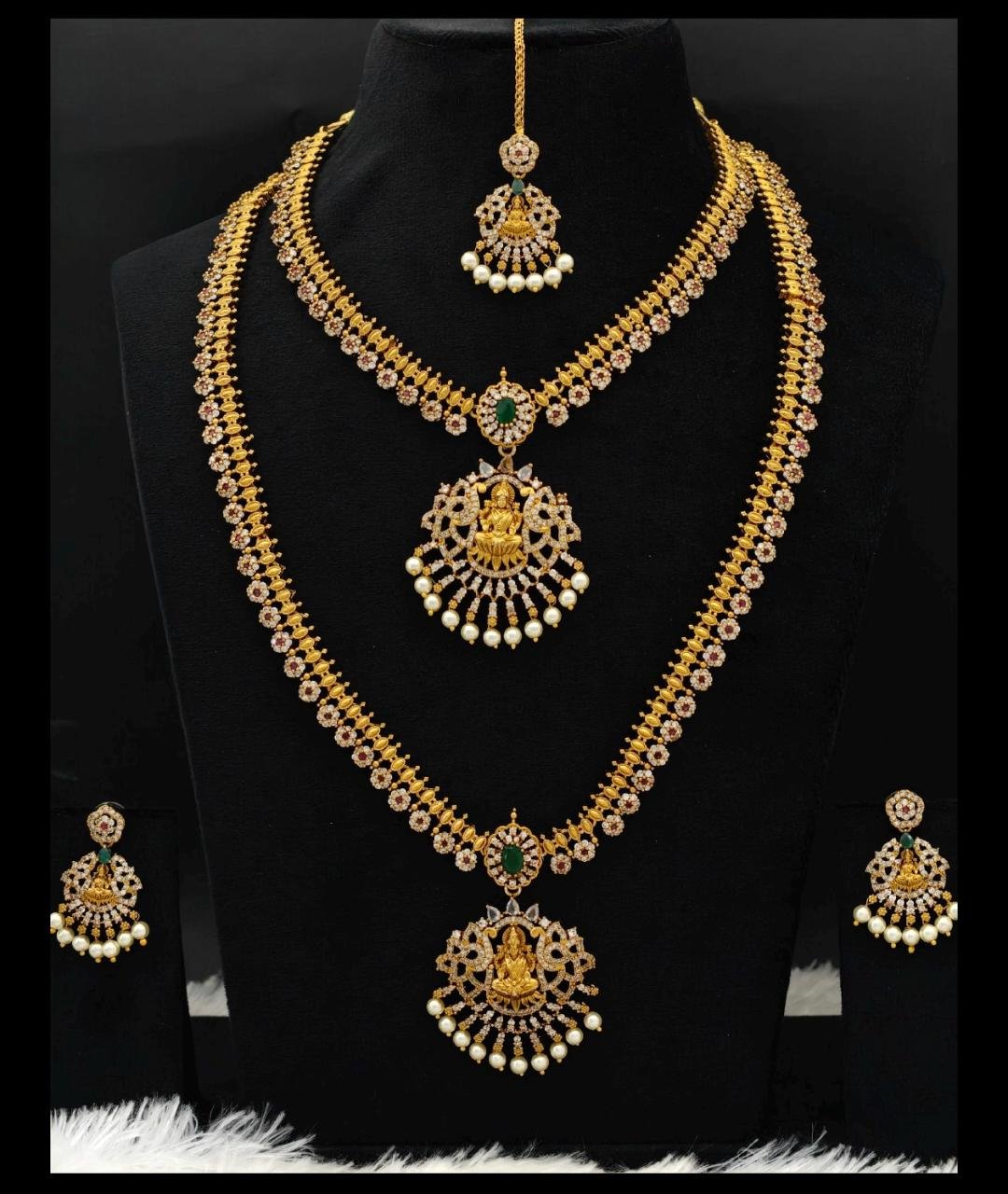 Traditional Goddess Lakshmi Bridal Combo Haram, Short Necklace & Maang Tikka Set