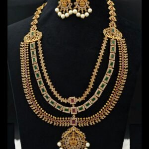 Traditional Lakshmi Peacock Multi-Layer Long Haram Necklace Set with Matching Earrings