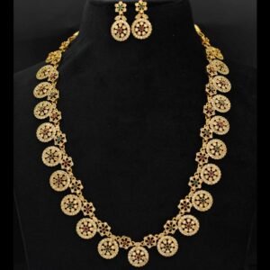 ​Royal Antique Gold-Plated Polki Stone Designer Long Necklace Set with Matching Earrings