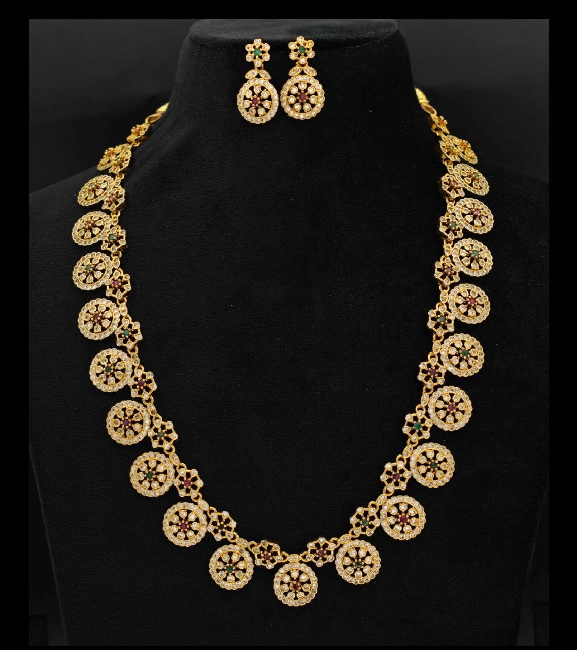 Royal Antique Gold-Plated Polki Stone Designer Long Necklace Set with Matching Earrings