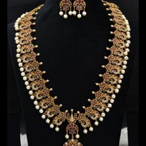 ​Traditional Antique Gold-Plated Nakshi Peacock & Floral Long Haram Necklace Set with Pearl Drops