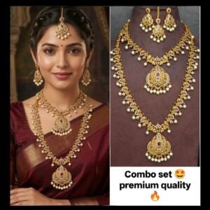 Traditional Floral CZ Bridal Combo Haram, Short Necklace & Maang Tikka Set