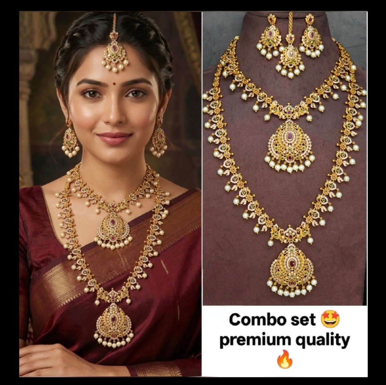 Traditional Floral CZ Bridal Combo Haram, Short Necklace & Maang Tikka Set