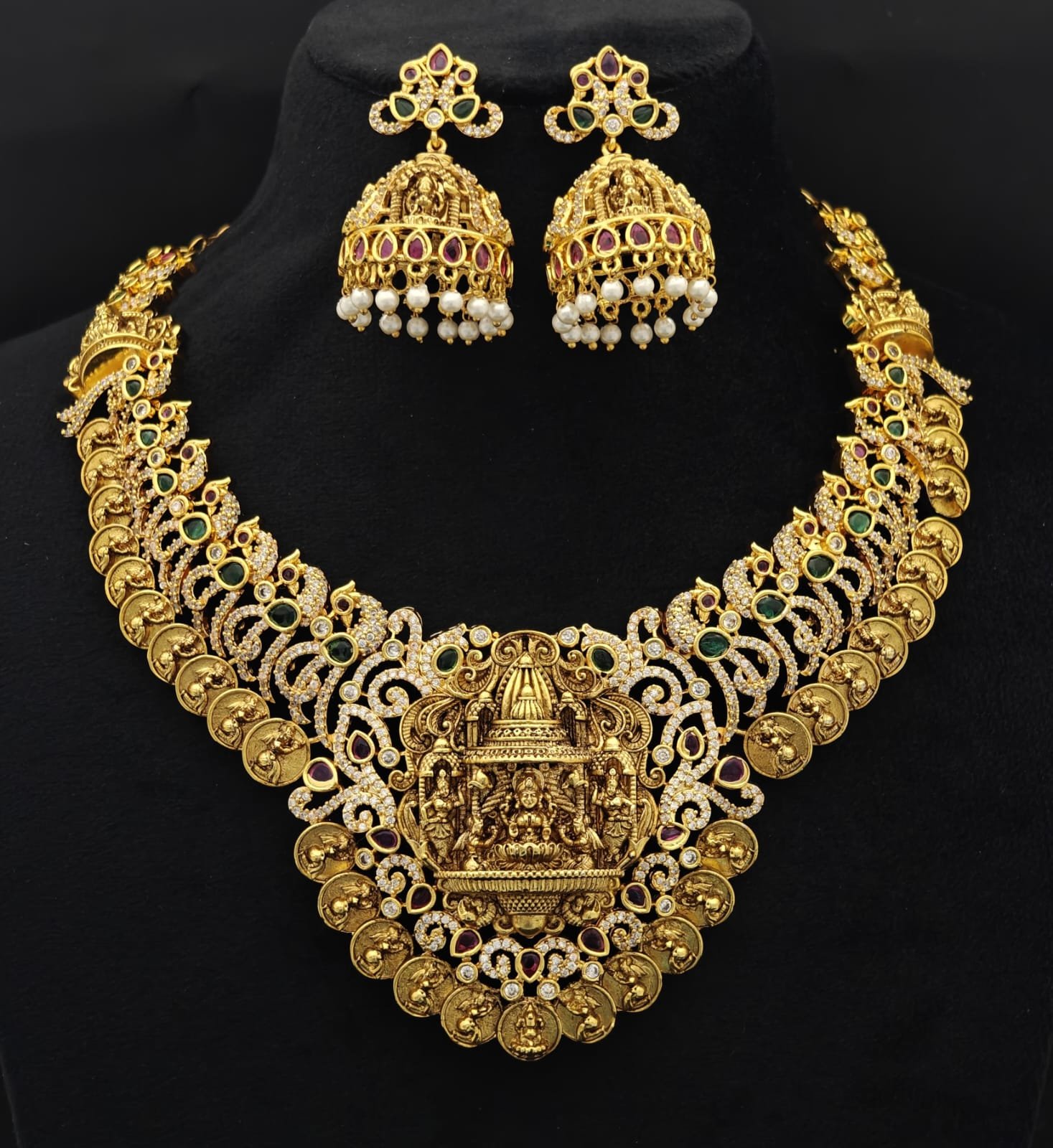 Antique Lakshmi Kasu Haram Set with Jhumka Earrings | Temple Jewellery