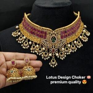 Premium Antique Gold Lotus Choker Necklace Set with Ruby & Emerald Stones & Matching Jhumkas
