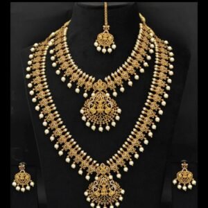 Antique Gold Goddess Lakshmi Temple Jewelry Set - Short & Long Haram Necklace with Earrings & Maang Tikka