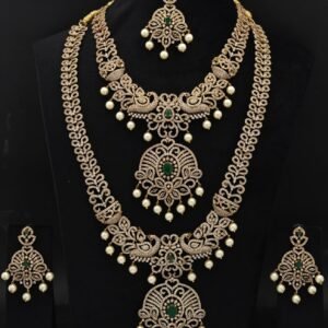 Royal CZ Diamond Bridal Jewelry Set – Peacock Long Haram, Short Necklace, Earrings & Maang Tikka with Emerald Accents