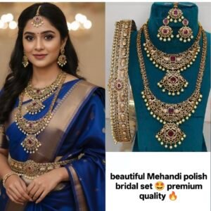 Premium Mehendi Polish Antique Bridal Jewelry Set with Ruby CZ Stones & Pearl Clusters