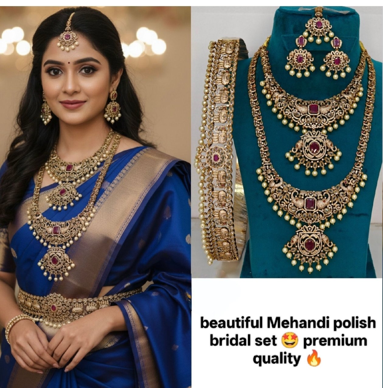 Premium Mehendi Polish Antique Bridal Jewelry Set with Ruby CZ Stones & Pearl Clusters