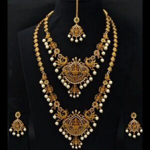 Royal Antique Gold Plated Temple Jewelry Set – Laxmi & Peacock Bridal Haram, Necklace, Earrings & Maang Tikka