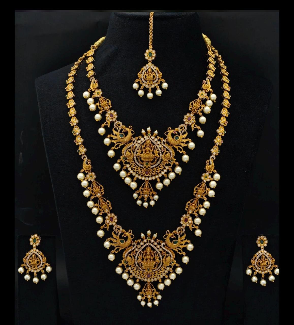 Royal Antique Gold Plated Temple Jewelry Set – Laxmi & Peacock Bridal Haram, Necklace, Earrings & Maang Tikka