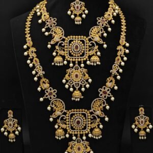 Royal Antique Gold Plated Temple Jewellery Set with CZ Stones, Ruby Accents & Pearls (Necklace, Haram, Earrings & Maang Tikka)