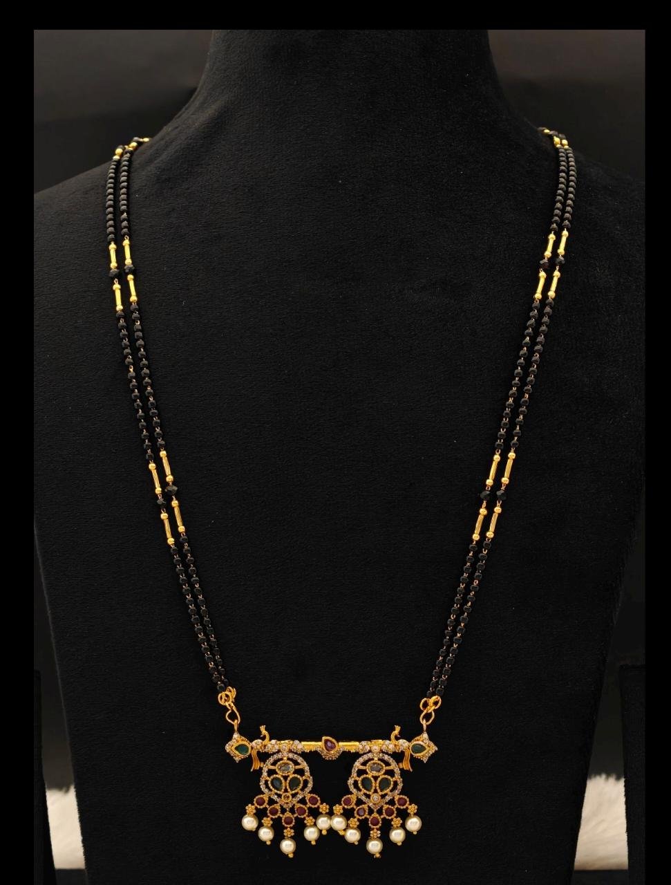 Dual Pendant Peacock Motif Long Black Beads Mangalsutra / Nallapusalu