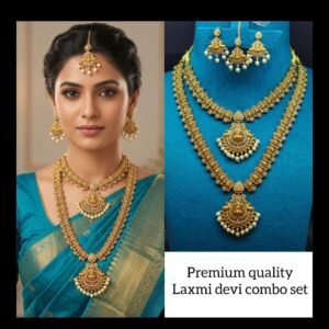 Premium Antique Gold Laxmi Devi Temple Jewelry Combo Set – Long Haram, Short Necklace, Earrings & Maang Tikka