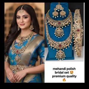 Antique Gold Finish Mehandi Polish Bridal Jewelry Complete Combo Set - Choker, Haram, Earrings, Maangtikka & Vaddanam